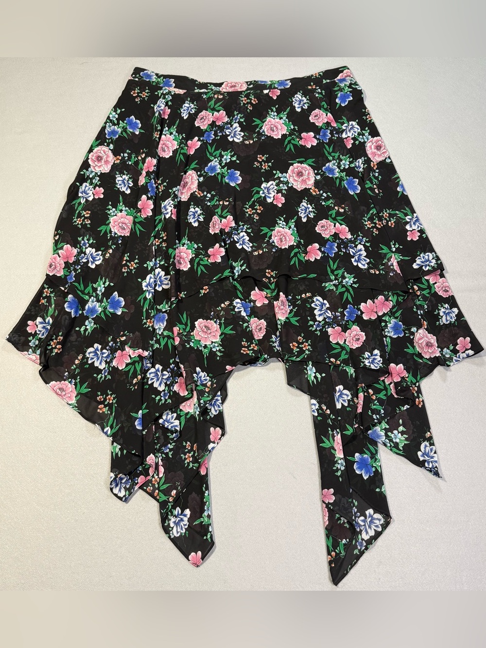 Torrid Floral Handkerchief Hem Midi Skirt Black Pink Blue Size 4 Lined